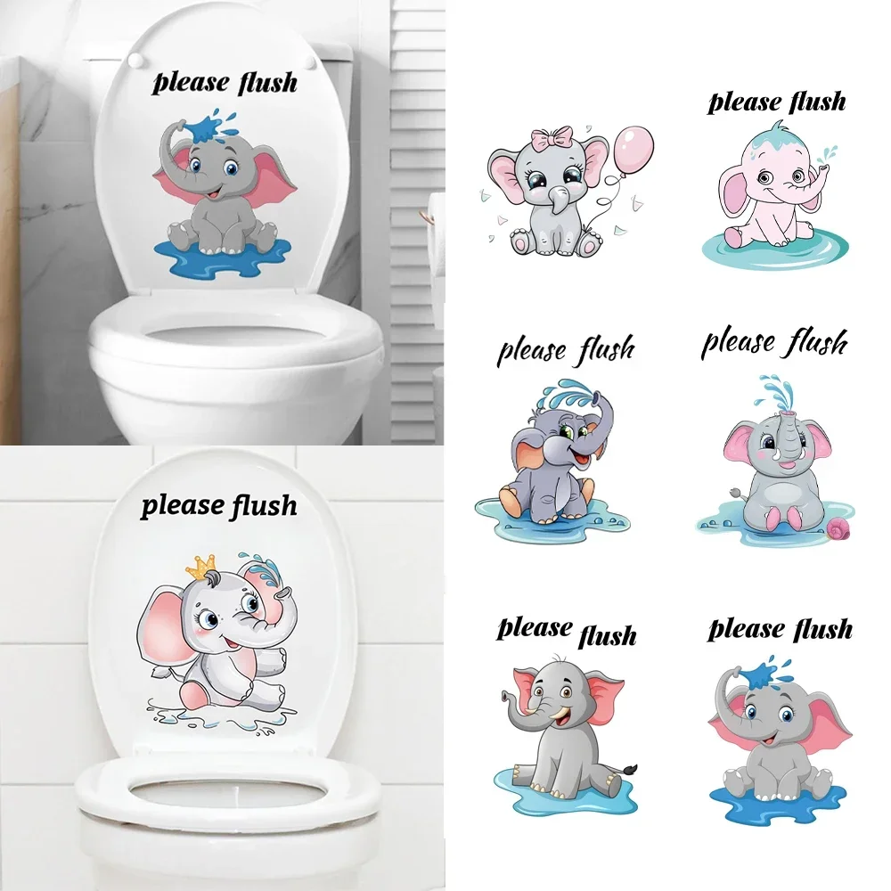 Cartoon Elephant Toilet Sticker Decalcomanie Per Favore Flush Promemoria Tips Bagno Wc Parete Creativa Fai Da Te Coperchio Della Toilette Decorazione