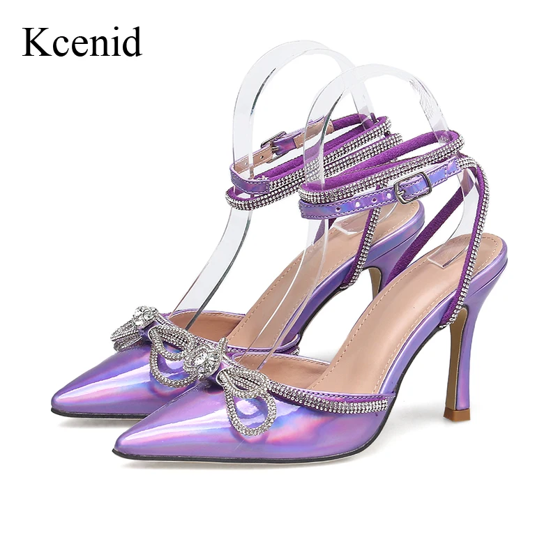 

Kcenid 2023 New Fashion Rhinestone Ankle Strap High Heels Wedding Prom Shoes Crystal Bowknot Leather Summer Women Pumps Sandals
