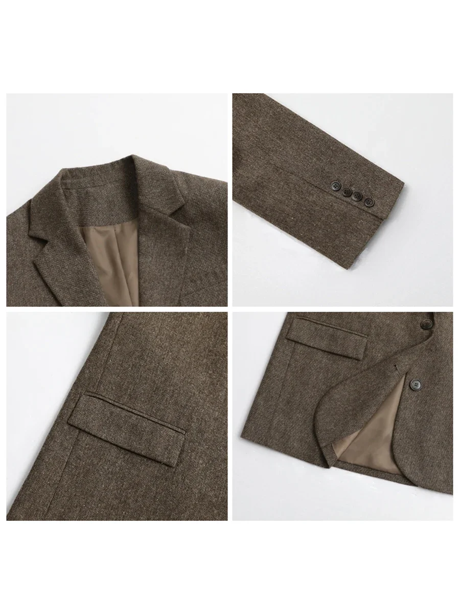 Fashion Women's Blazer Retro Loose Woolen Suit Single Breasted Office Ladies Coat Female Jacket Autumn Winter