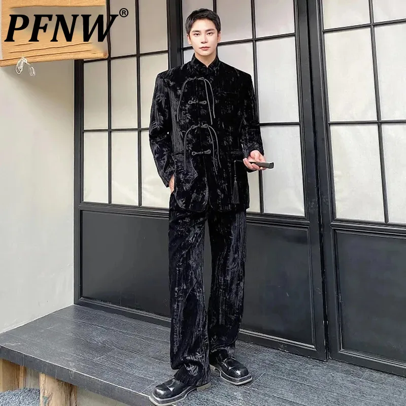 

PFNW Autumn Men's Set New Chinese Style Standing Collar Jacket Two Piece Fashion Velvet Pleated Printing Sweatpants Suits 9C2613