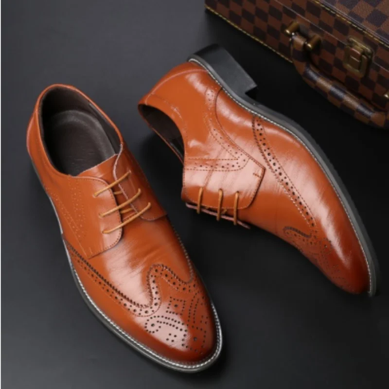 New Men Oxford Genuine Leather Dress Shoes Brogue Lace Up Flats Male Casual Shoes Black Brown Size 38-48