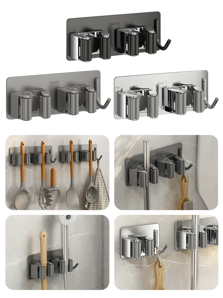 

Mop Broom Holder Bathroom Wall Mounted Mop Organizer Holder Brush Storage Rack Kitchen Clip Seamless