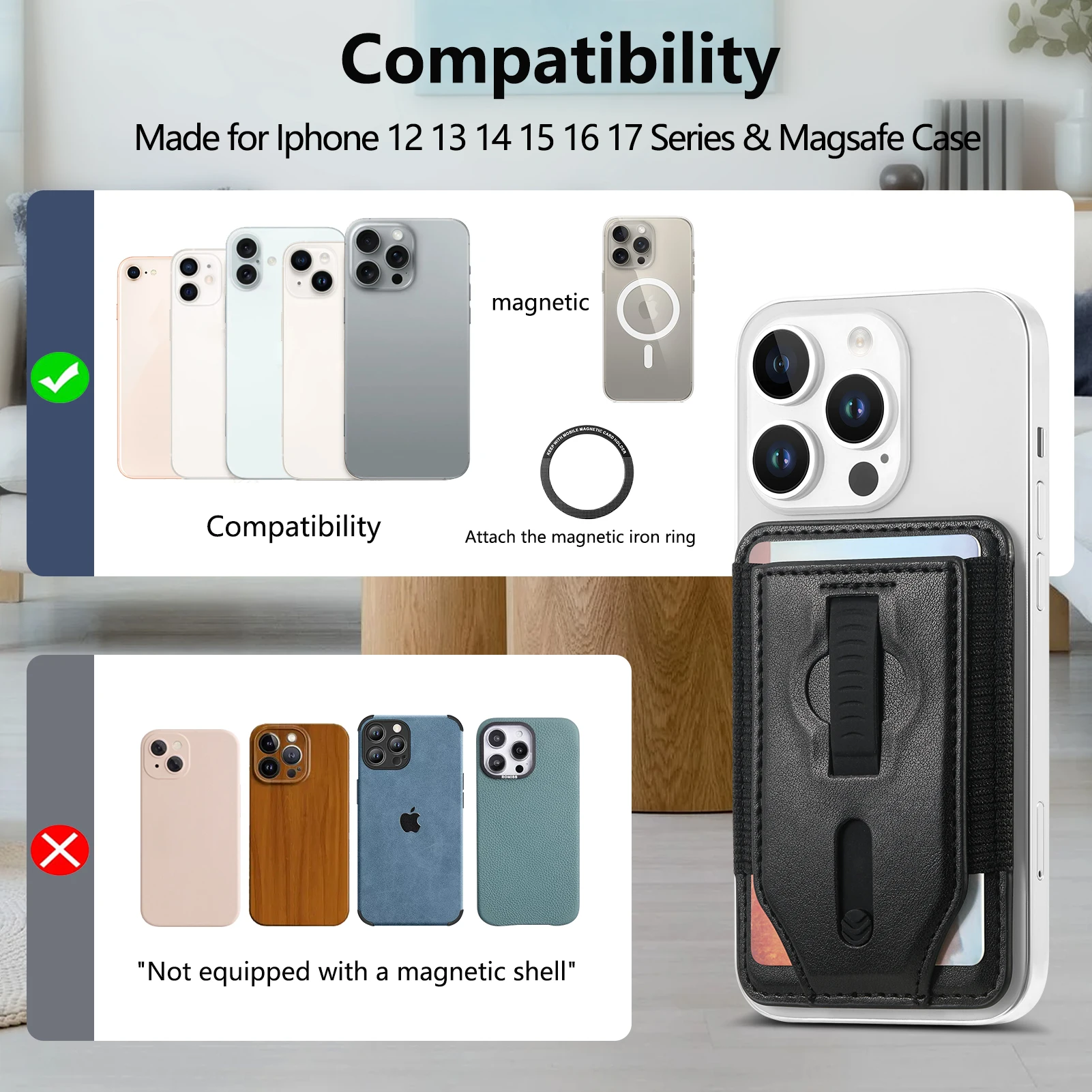 Magsafe Magnetic Card Holder Wallet with Anti-Scratch Design and Wrist Strap