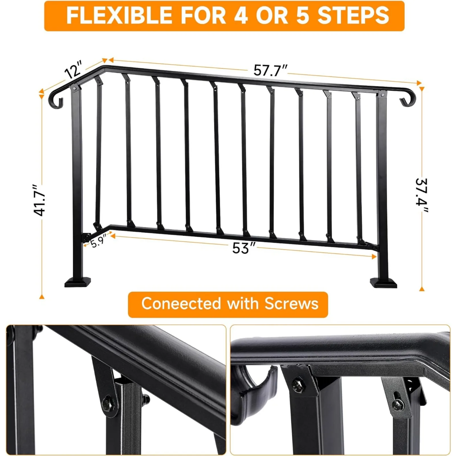 US Handrails for Outdoor Steps, Fit 4 or 5 Steps Outdoor Stair Railing Exterior Steps Wrought Iron Handrail for Concrete