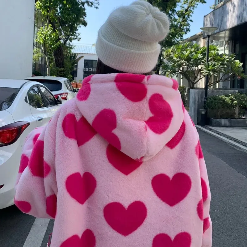 Harajuku herzförmigen Druck Plüsch Jacke Frauen Winter 2025, Koreanische Langarm Mit Kapuze Mantel Dicke Warme Paar Streetwear Oberbekleidung