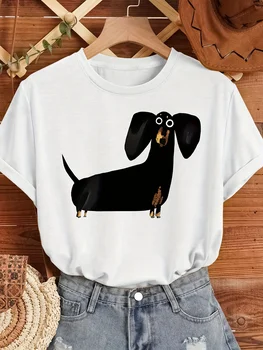 Cute Black Sausage Dog Funny Printed Women's T-shirt Short Sleeve Crew Neck Top for Summer Women's Harajuku Casual Clothing 1