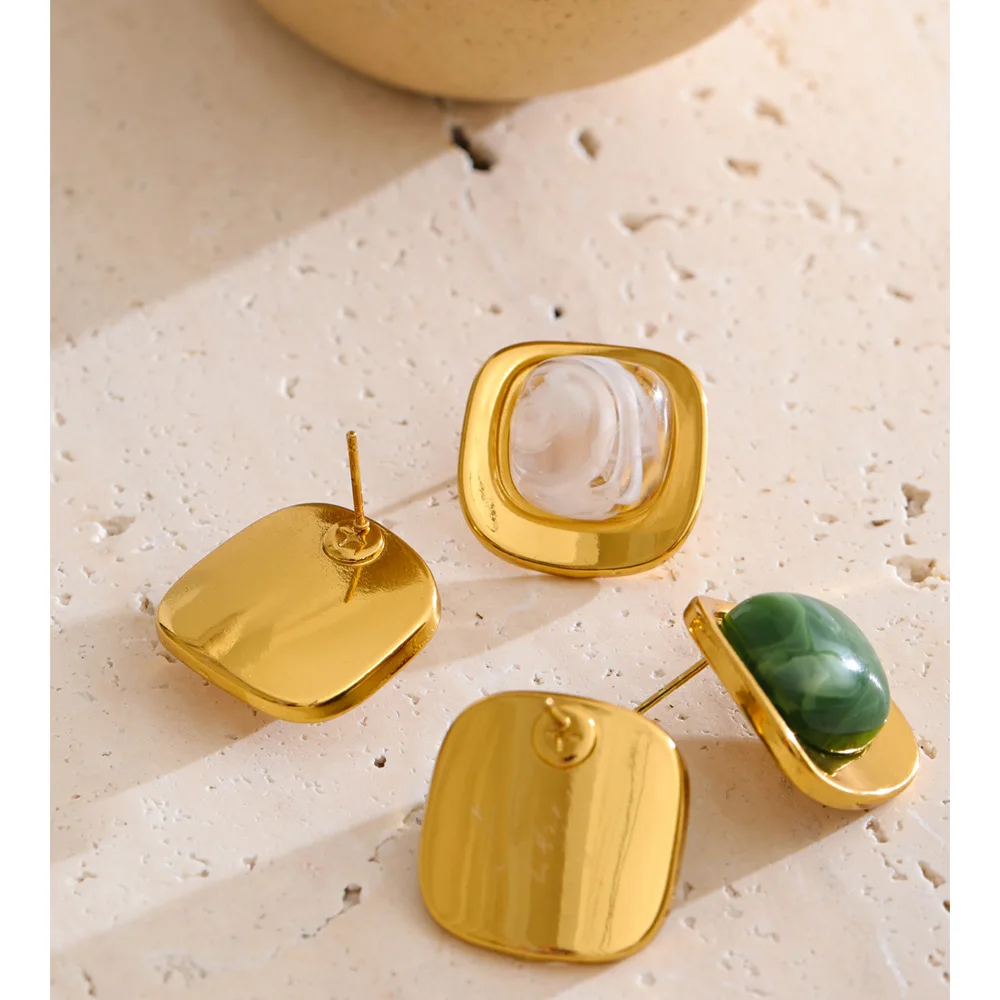 Yhpup White Green Resin Square Stud Earrings 18K Golden PVD Plated Stainless Steel Daily Wear Trending Jewelry Wholesale_voghion.com