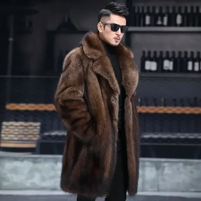 Mink Mink Coat Men's Autumn and Winter New Thick Mid-Length Padded Fur Parkas Large Size Men's High-end Casual Button Jacket 4