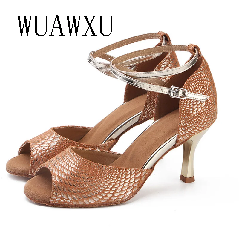 NATASHA Fish Mouth Latin Dance Shoes Women's Adult Soft Sole Gold Genuine Leather Medium Heel 7.5cm Professional Square Social D