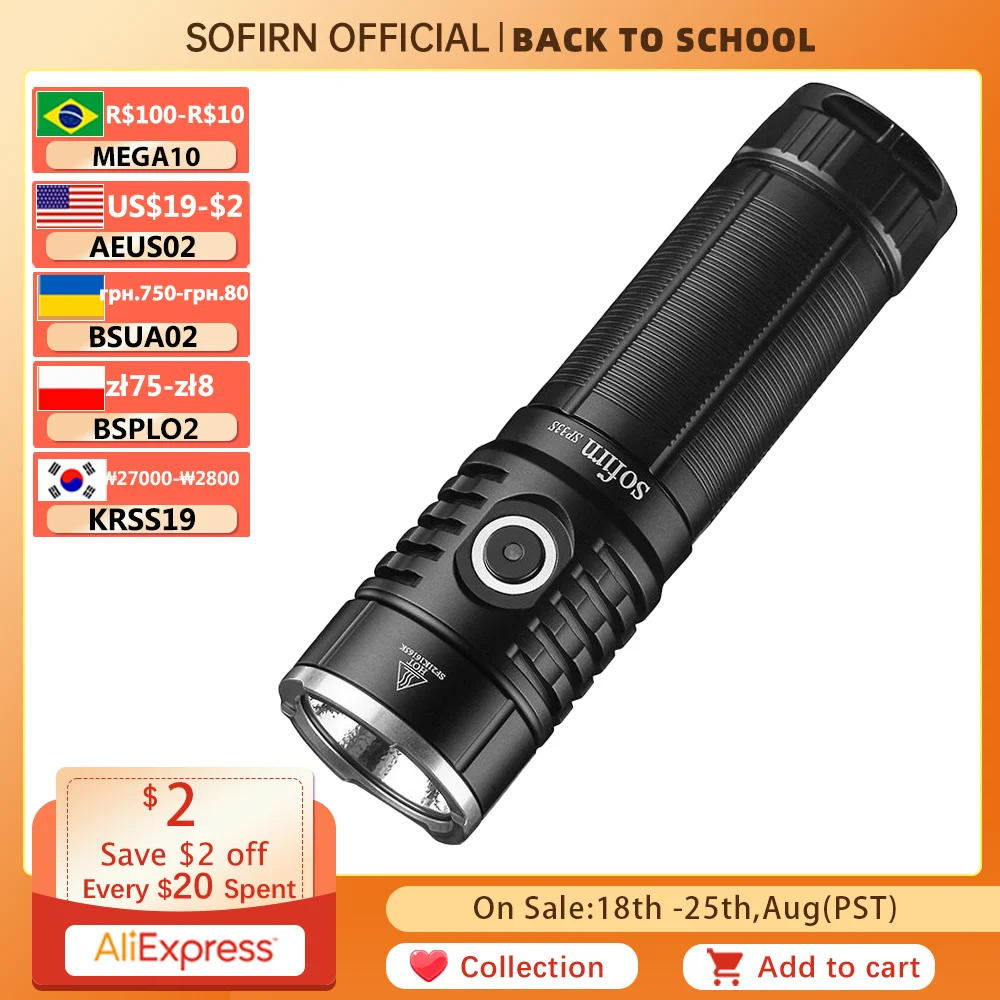 LED flashlight Sofirn SP33S USB C rechargeable XHP70.2 5000lm powerful with power bank function