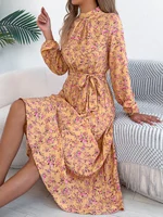 Floral Stand Up Collar Bridesmaid Dress 2026 Spring Summer Elegant Long Sleeve Waist Cinched Pleated Dresses Valentine's Day - Image 6