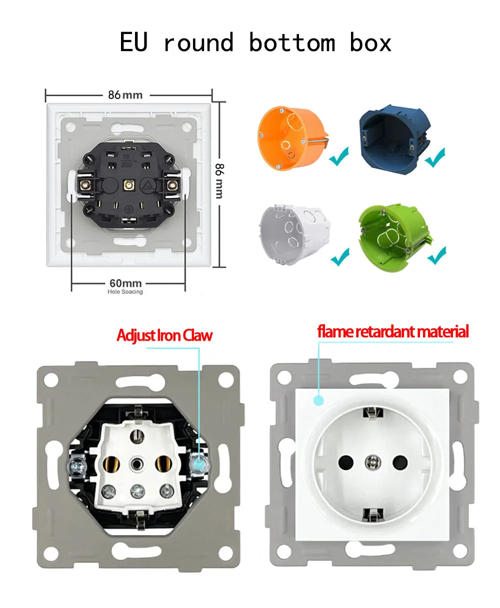 Description Picture 6 of itemEU French DIY Black Crystal Glass Panel 1 2 Gang Wall Switch USB Type C Data Cat6 TV Dimming Socket with Iron Claw for Round Box