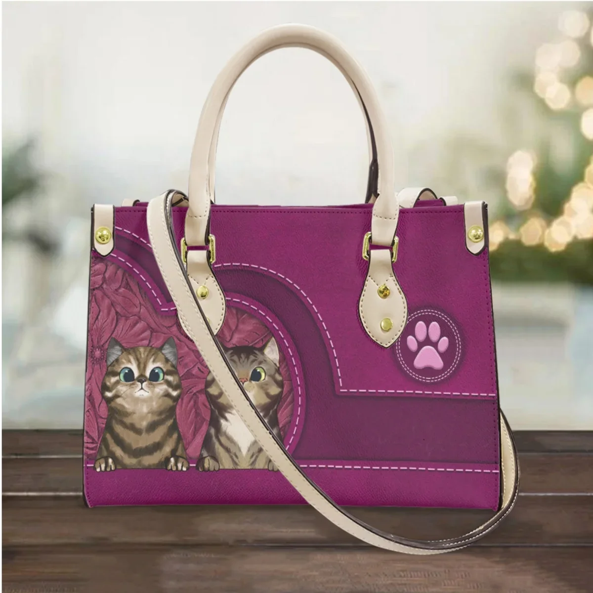 Cartoon Cat Mysterious Purple Brand Design Handbag Retro Ladies Top Handle Leather Shoulder Bag Outdoor Commuter Office Clutch