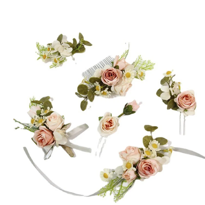 Pink Artifical Headwear Flowers Handmade Floral Comb Garland Bridal Headdress Wedding Decoration Hair Accessories