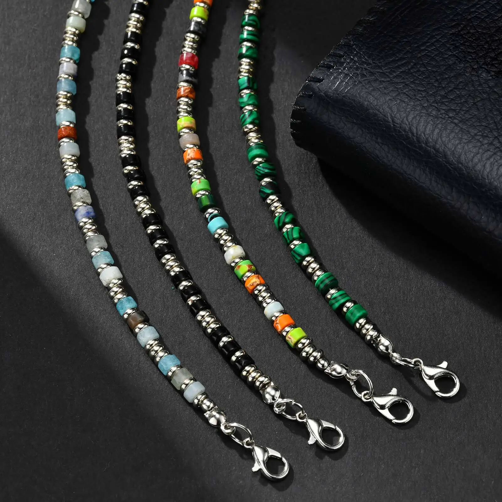 Men's Crystal Wheel Beads Bracelet,4mm Natural Stone Metal Wheel Beaded Bracelet,Adjustable Wristband Gift