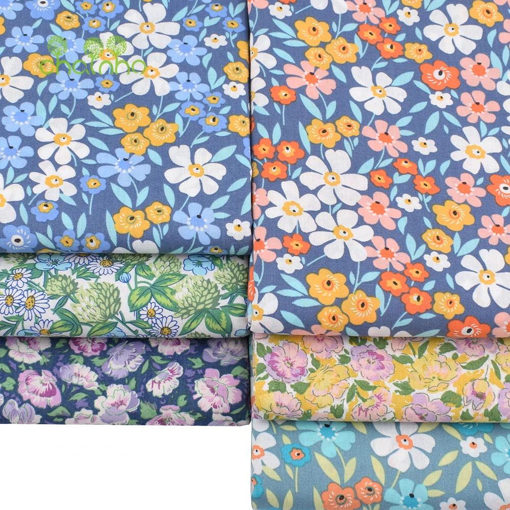 Chainho,Printed Plain Weave Poplin Cotton Fabric,DIY Sewing Quilting Material,Patchwork Cloth,Floral Series,3 Sizes,15PC140