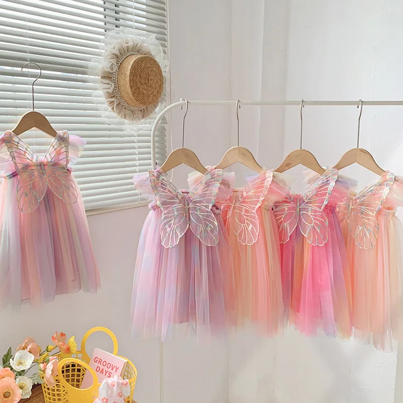 

Girl's Rainbow Wings Mesh Dress2024Summer Flounced Sleeve Baby Princess Dress Pettiskirt-MR