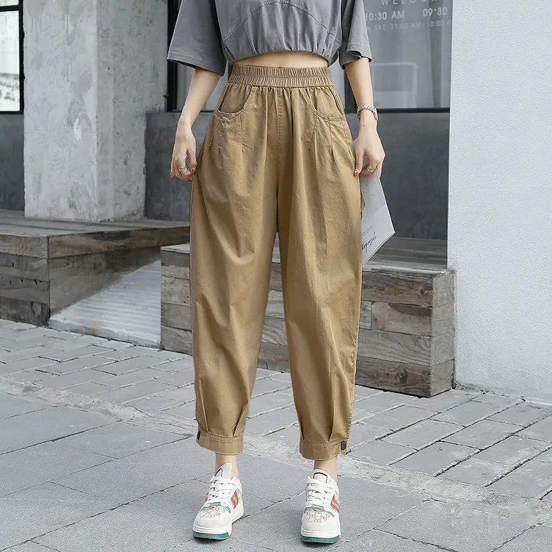 Summer New Solid Color Fashion Elastic Waist Haren Pants Women High Street Pockets Patchwork Korean Style Ankle Length Pants