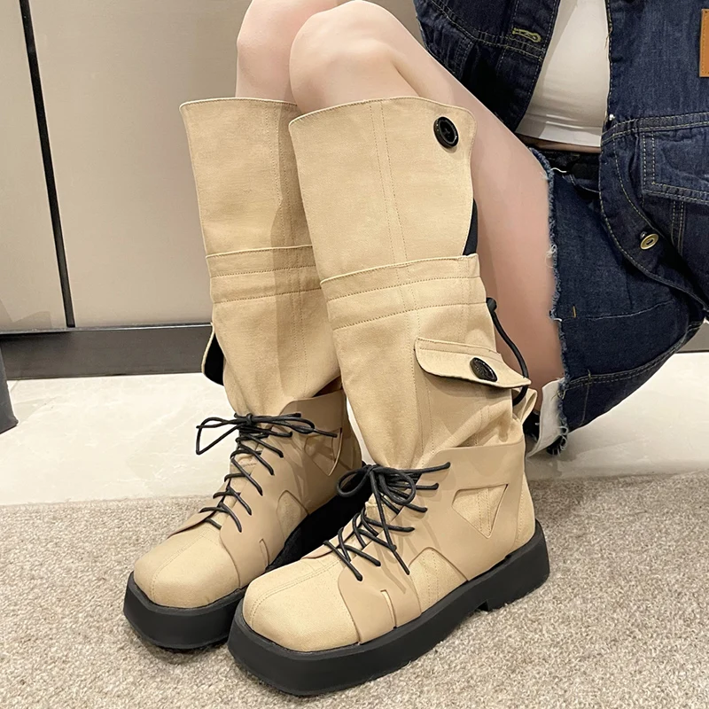 

Женские ковбойские сапоги до колена, высокие сапоги цвета хаки на платформе, в стиле панк, на толстой подошве, с пуговицами, Осень-зима 2023