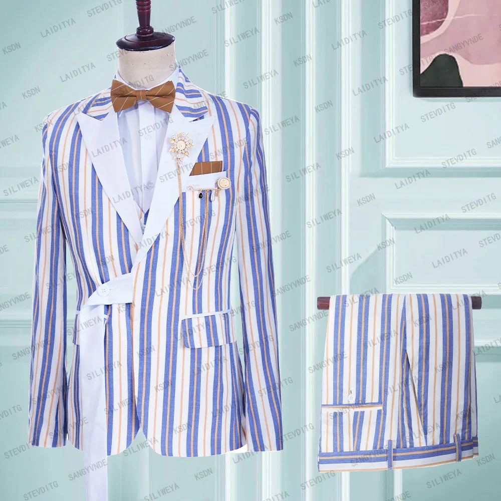 

2023 Summer Navy Blue Stripe Linen Casual Fit Men Suits With Belt White Peak Lapel Comfortable Breathable Coat Pants 2 Pcs