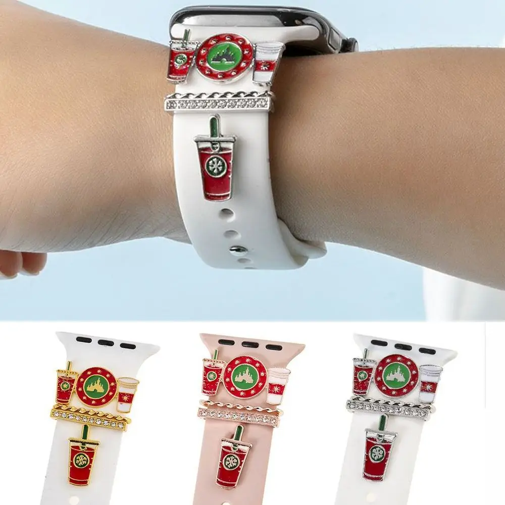 

Coffee Cup Metal Charms For Apple Watch Band Diamond Ornament Decorative Ring For iwatch Bracelet Silicone Strap Accessories