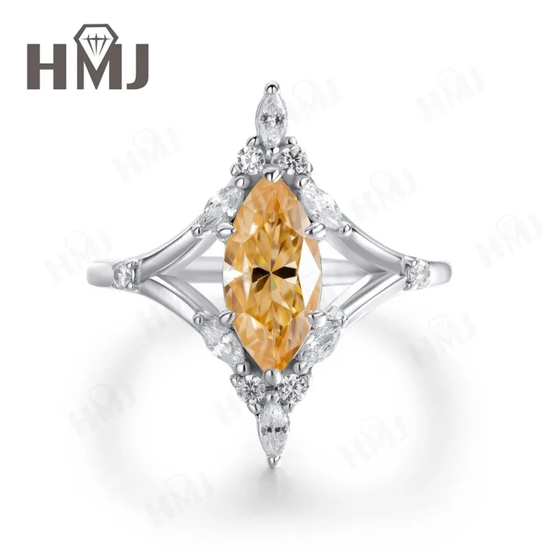 925 Sterling Silber Moissanit Halo-Ring - Marquise-Schliff D-Farbe/Schwarz/Champagner Feiner Schmuck Muttertags-Schmuckgeschenk für Sie – Detail 7