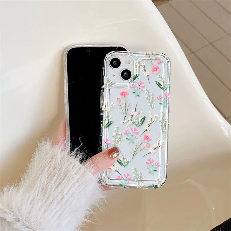 Clear Phone Cases For iPhone 13 Case iPhone 15 16 Pro Max 12 11 14 XR X Xs Max 7 8 Plus SE 2022 2020 Pink Flower Soft TPU Cover