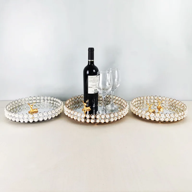 European Pearl-edged Glass Tray Ornaments Cosmetic Mirror Storage Tray Wedding Props Mirror Cake Rack Round Glass Plate