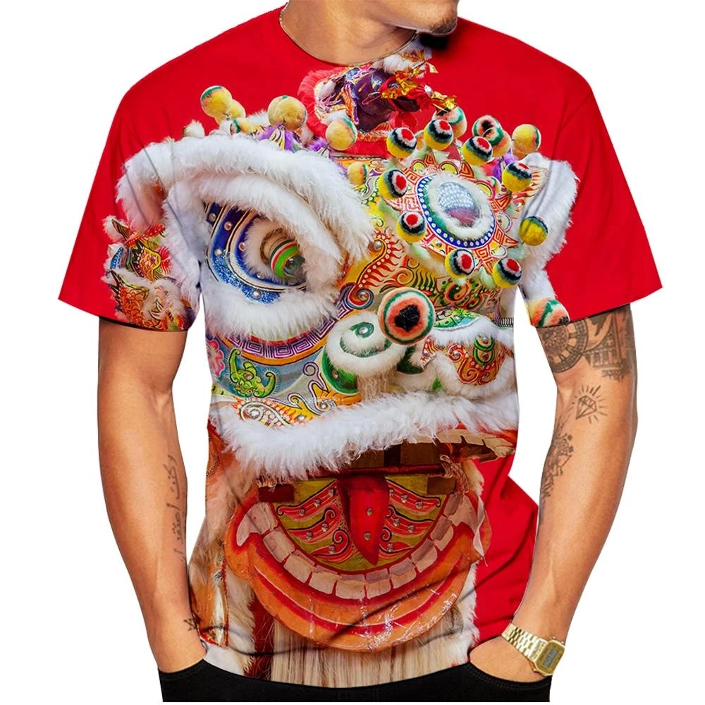 

2024 New Men's Fashion Dragon and Lion Dance Printed 3d T Shirt Intangible Cultural Heritage of China Short Sleeve O-neck Funny