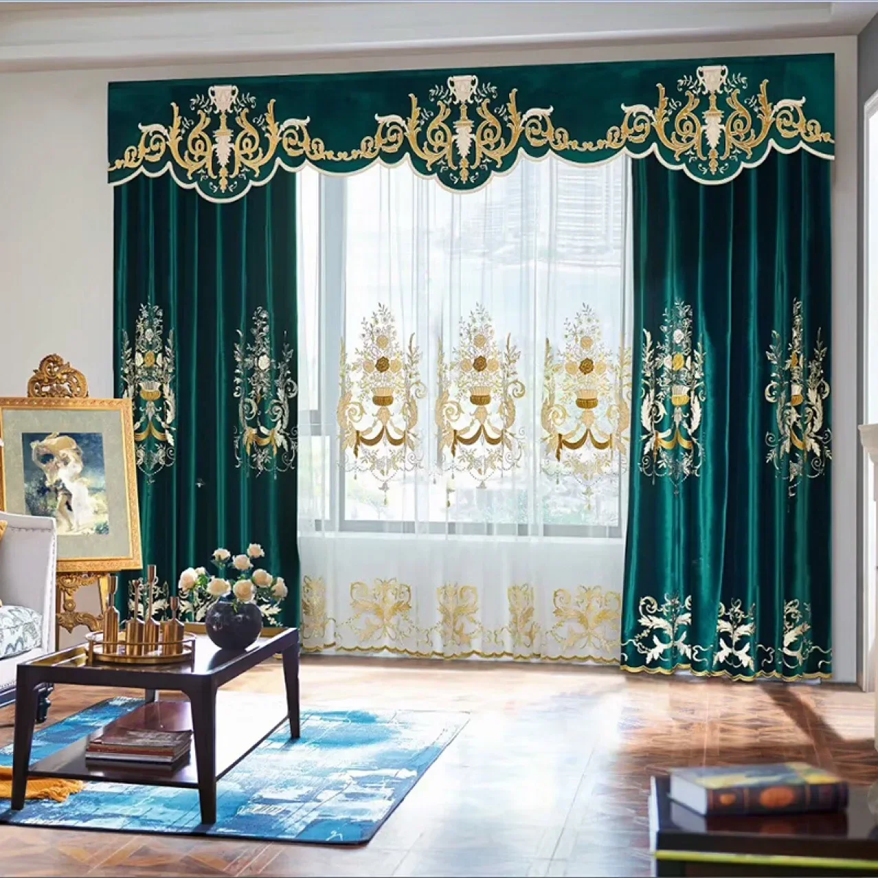 New Velvet Embroidered Curtains European Style Light Luxury Villa Duplex Blackout Large Flower Curtain Fabric Room Decor Sale