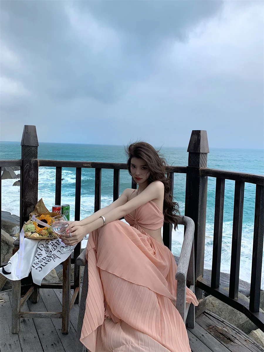 Summer New Fashion Sexy Pleated Holiday Beach Long Dresses for Women Vacation Spaghetti Strap A line Ladies Robe 2025 Sundress