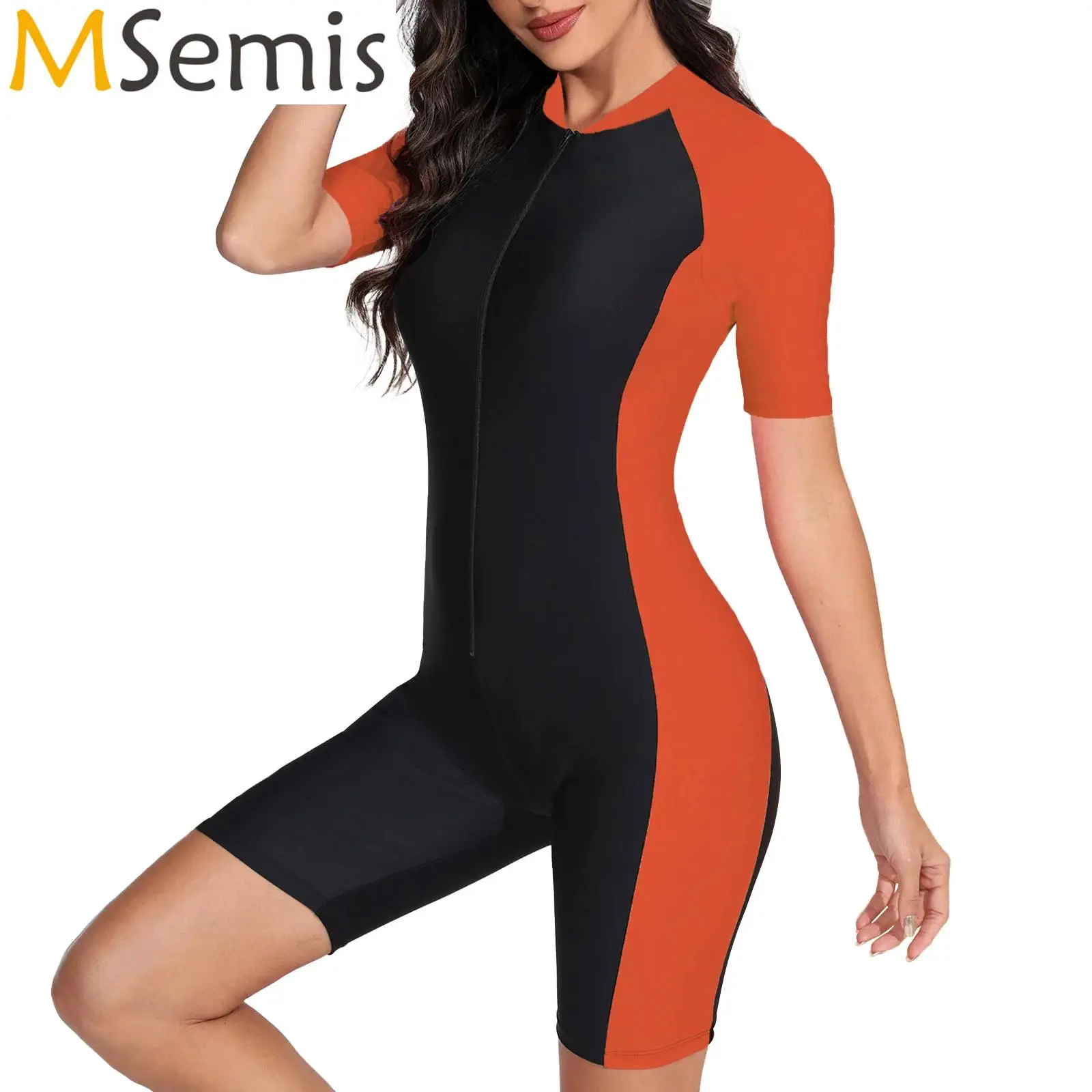 Women One-piece Boyleg Athletic Swimwear Short Sleeve Padded Front Zipper Swim Wear Surfing Bathing Suit Rash Guard Swimsuit