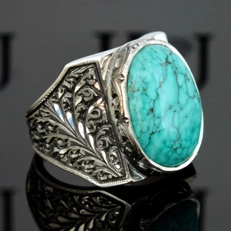 New Style Retro Egg-shaped Aquamarine Ring for Men and Women Couples Fashion Simple Carved Pattern Ring Accessories