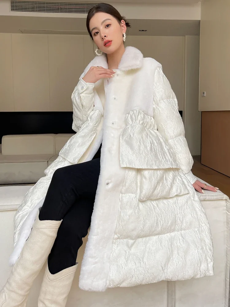 Winter Long Down Jacket for Women 2024 New High Quality Thickened Warm Patchwork Mink Fur White Goose Down Coats