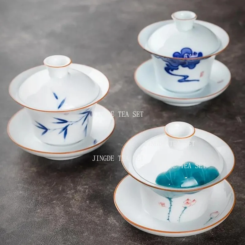 150ml Ceramic Hand-painted Tea Cup Non Hot White Porcelain Sancai Tea Bowl Underglaze Color Covered Bowl Drinking Utensils