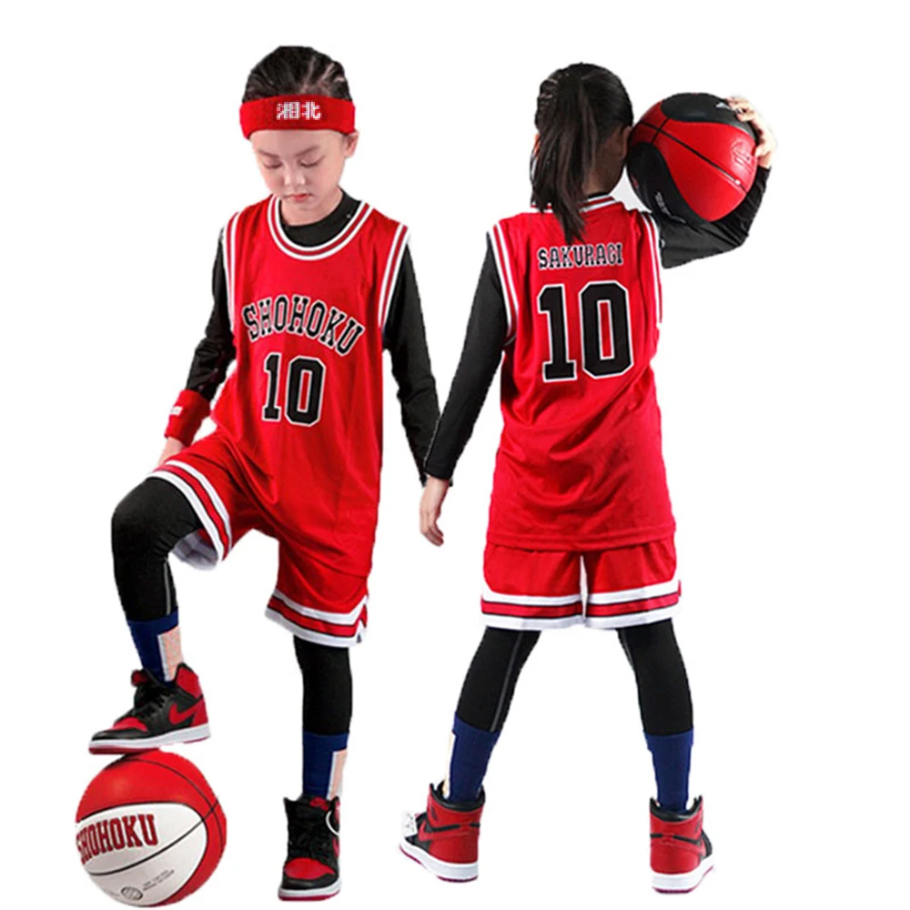 

Kids Black Basketball Team Jersey Cosplay Slam Dunk Vest Tops Shirt Red White Costume School Sportswear Set