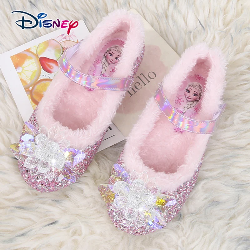 Disney Princess Crystal Shoes Girls Single Shoes Frozen Elsa Sophia Rhinestone Performance Party Pink Shoes Size 22-36 ulknn girl s pink leather shoes princess silver shoe for girls sandals high heel glitter shiny rhinestone enfants party shoes