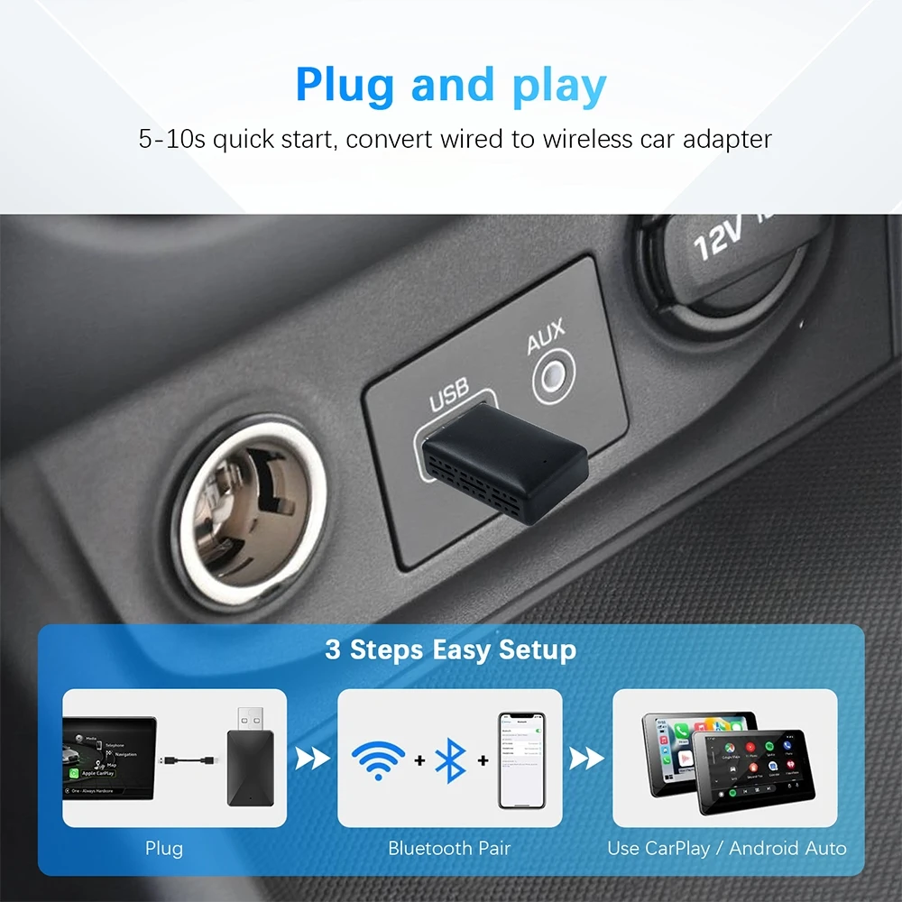 무선 카플레이 안드로이드 자동 무선 어댑터, 스마트 USB 동글 미니 박스, 플러그 앤 플레이, 와이파이 빠른 연결, 2 인 1, 신제품