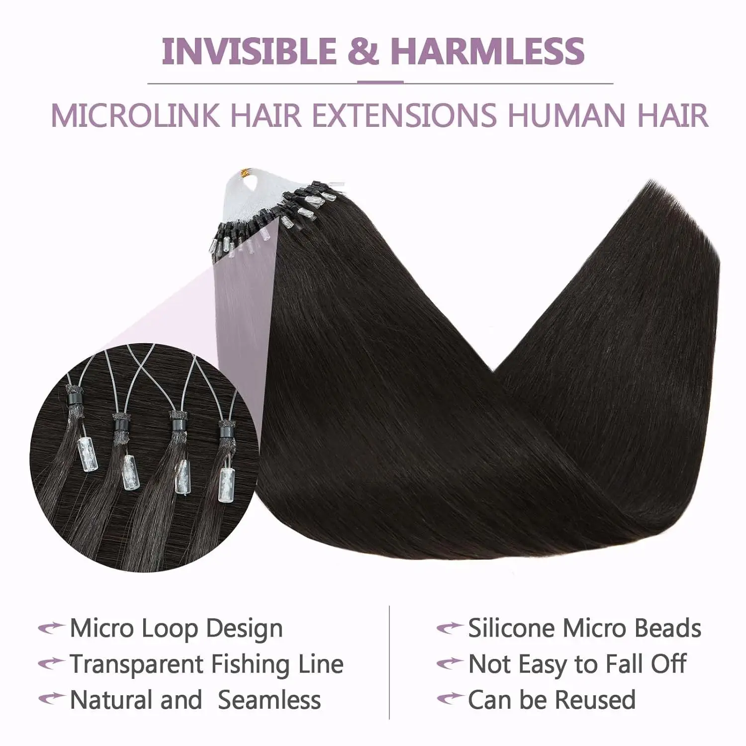 16 26 Inch Straight Micro Loop Hair Extensions #1B Natural Black Real Hair 1g/1strand 50G Extensions Micro Ring