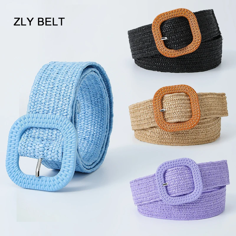 

2023 New Fashion Kniited Belt Women Men Colorful Straw Plaited Article Square Pin Buckle Vintage Luxury Jeans Coat Style Belt