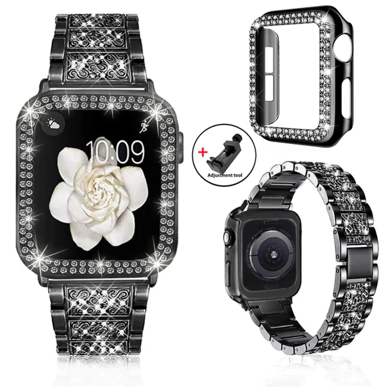 Cinturino Diamantato + Custodia Per Cinturino Apple Watch 44Mm 45Mm 41Mm 40Mm 42Mm 38 45Mm Bracciale Donna In Metallo Apple Watch Series 8 7 6 5 4 3 S