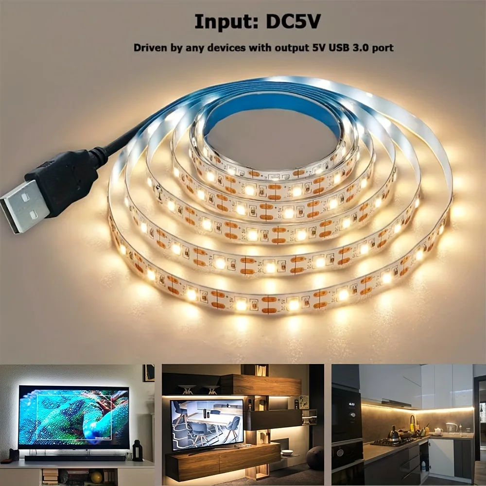 DC 5V USB LED 스트립 조명 - 2835 SMD 따뜻한 흰색/흰색, 유연한 TV 백라이트, 가정 장식, DIY 조명 테이프