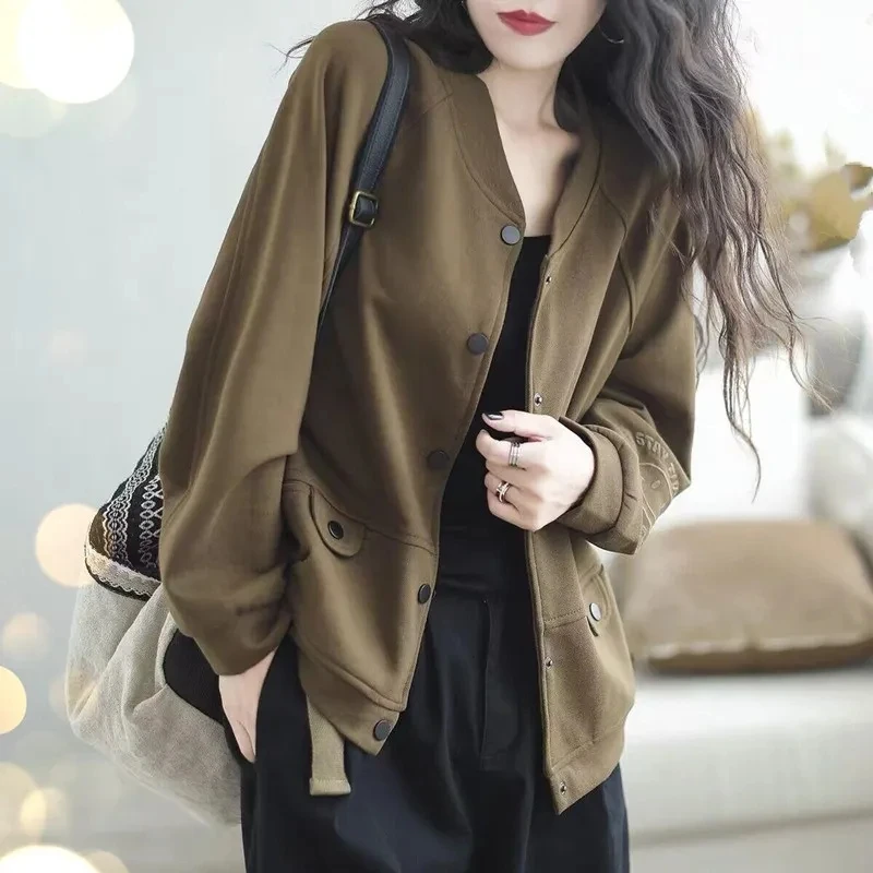 Short Jacket Women Spring Autumn Outer Cardigan Round Neck Jacket Tops Large Size Cotton Casual Outerwear Soft Button Pocket
