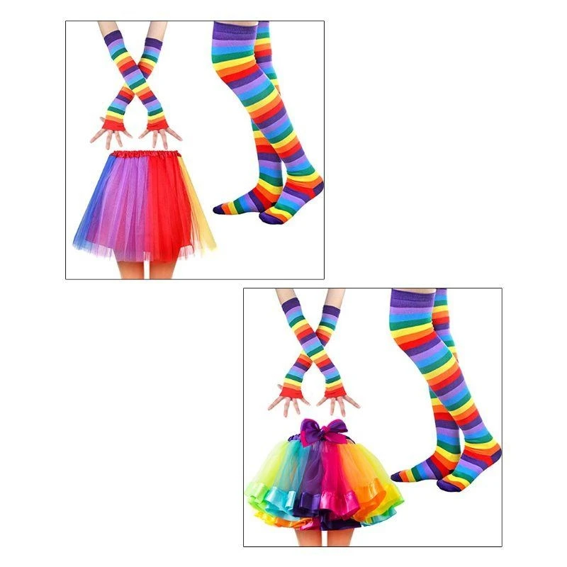 39BD Damen-Regenbogen-Kostüm-Sets, Mädchen, Handschuhe, Socken, Strümpfe und Tüllrock – Detail 8