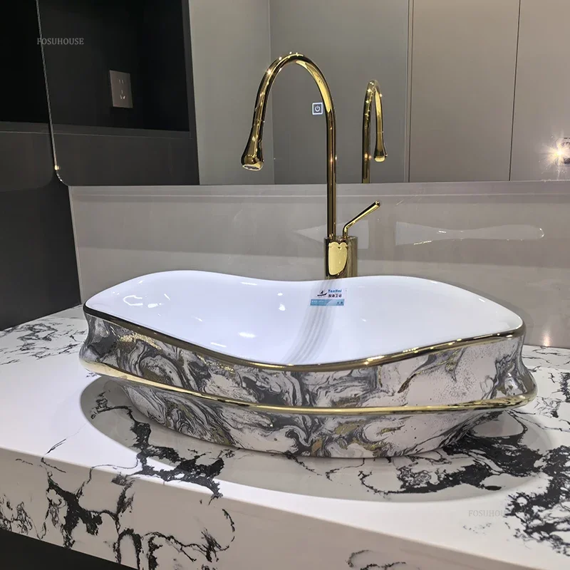Wave Shaped ไม่สม่ําเสมอห้องน้ําอ่างล้างจานเคาน์เตอร์อ่างล้างจานหรูหราเซรามิคอ่างล้างหน้าเดี่ยวบ้านระเบียงอ่างล้างหน้าห้องน้ํา FIXTURE B 1