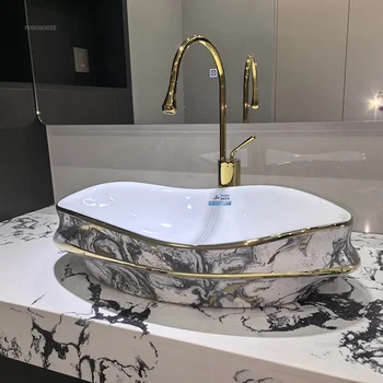 Wave Shaped ไม่สม่ําเสมอห้องน้ําอ่างล้างจานเคาน์เตอร์อ่างล้างจานหรูหราเซรามิคอ่างล้างหน้าเดี่ยวบ้านระเบียงอ่างล้างหน้าห้องน้ํา FIXTURE B 1