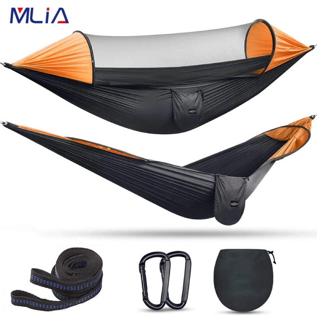 MLIA  Large Camping Hammock with Mosquito Net 2 Person Pop-up Parachute Lightweight Hanging Hammocks Tree Straps Swing Hammock ORANGE