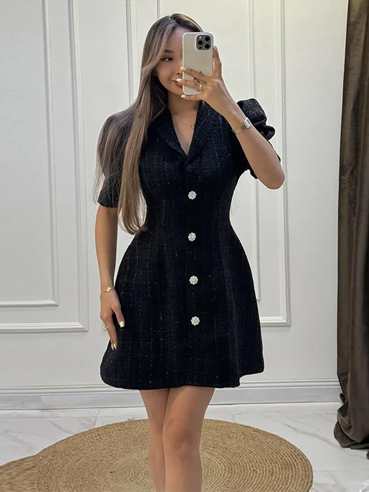 Revers Kurzarm Taille Cinching Mini Kleid Frauen Elegante Puff Ärmeln Einreiher Schlank Party Abendkleider Neue Partywear – Detail 6
