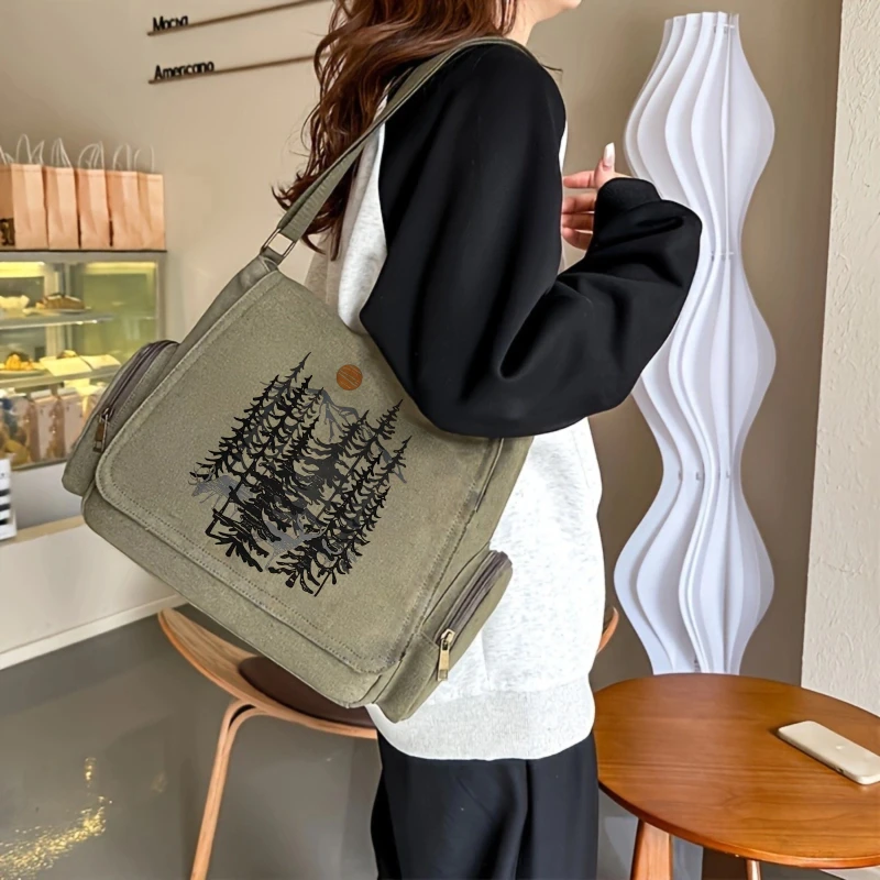 Women's Shoulder Bag Men's Crossbody Bag Canvas Large Capacity Messenger Bag Laptop Bag Forest Print