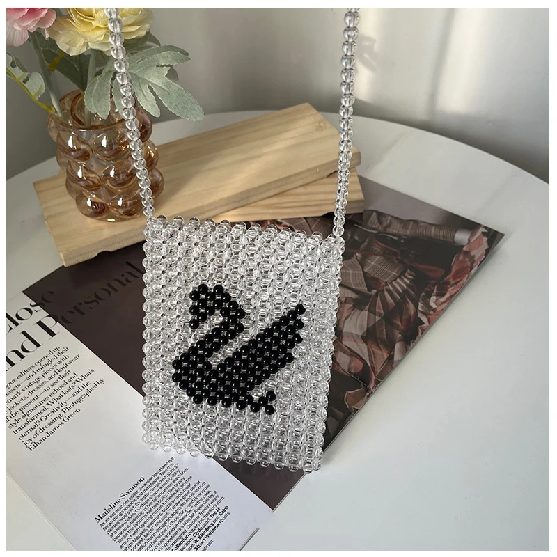 

Black Swan Hand-woven Beaded Crossbody Bags for Women Homemade Gift Mobile Phone Fashion Clear Anime Bags for Women